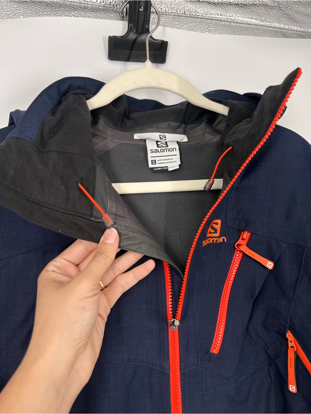 Salomon Recco Navy Orange Winter Outdoor Hooded Snowboarding Ski Shell Men's S - Picture 7 of 10